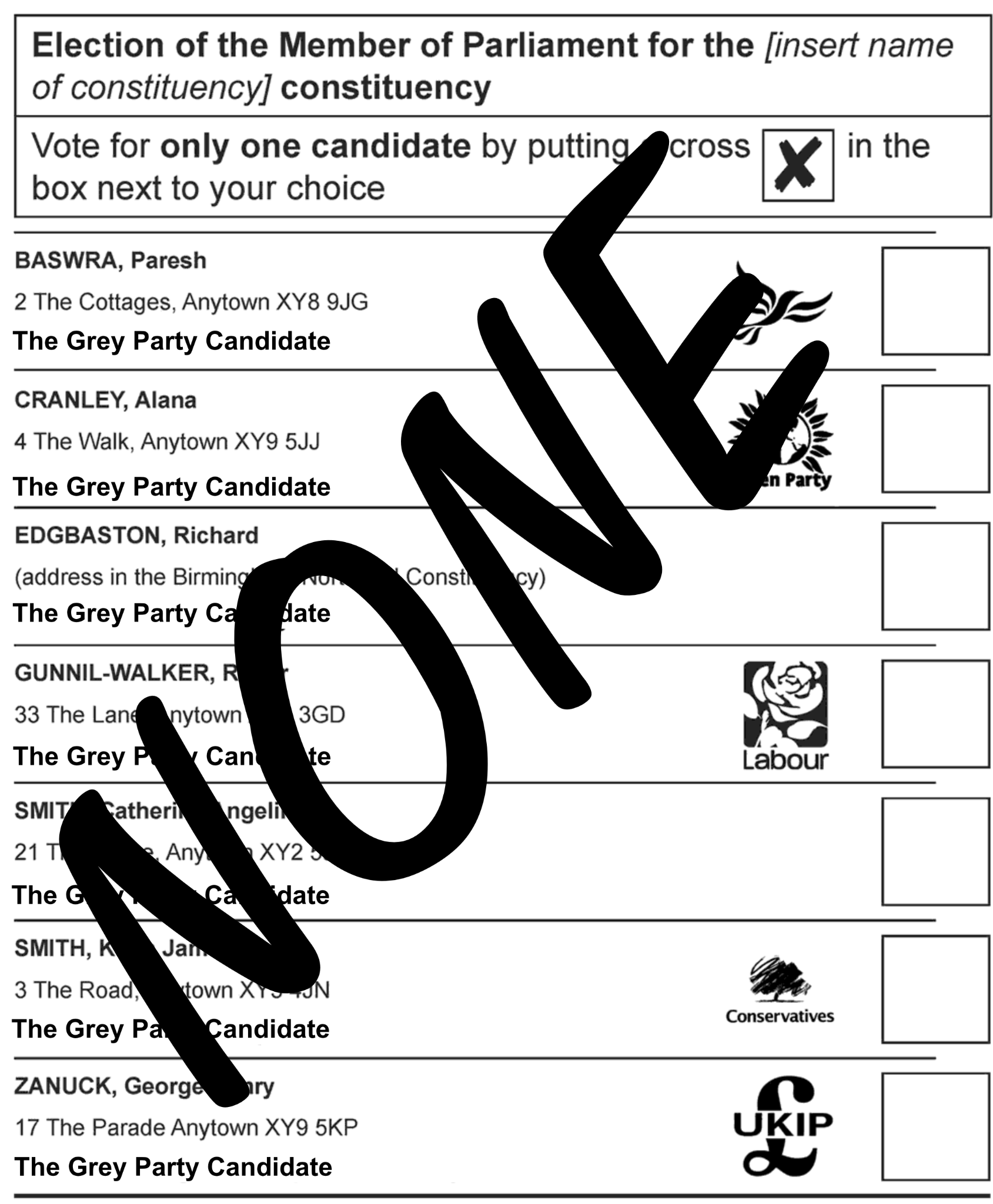 Example ballot paper marked NONE as a protest vote